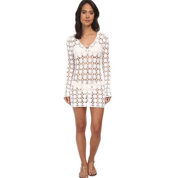 Lilly Pulitzer Crochet Dress Cover Up Long Sleeve V Neck White Cotton xsmall - Picture 1 of 9